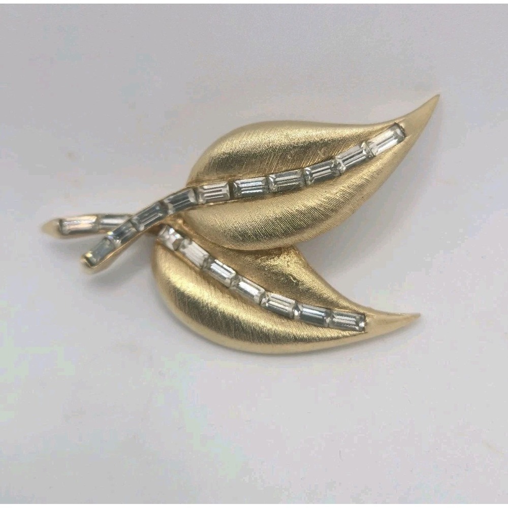 PELL Gold Tone Brooch Baguette Rhinestone Leaf Signed 1960s 2.5" Pin Vintage